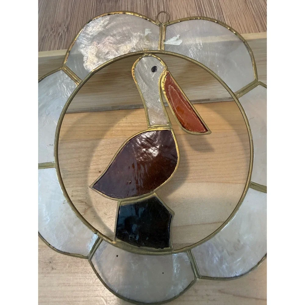 Vintage Stained Glass Pelican Suncatcher Capiz Shell Coastal Window Decor 6.25in